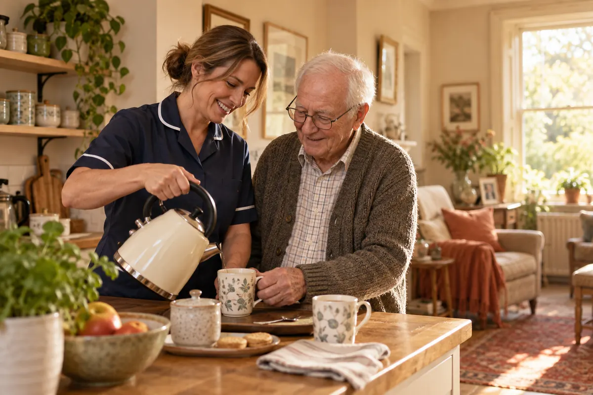 Caregiver sharing tea with an older man at home